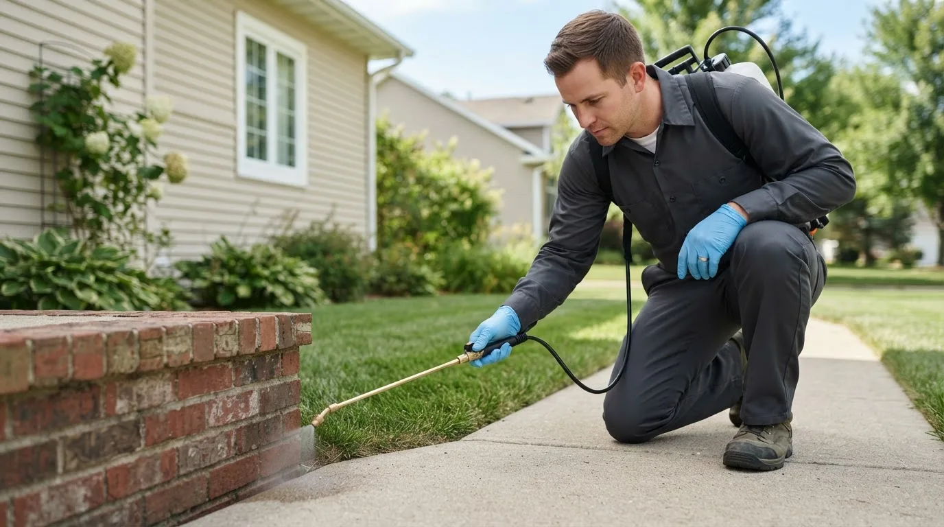 Pest control technician treating a home near Mears, MI