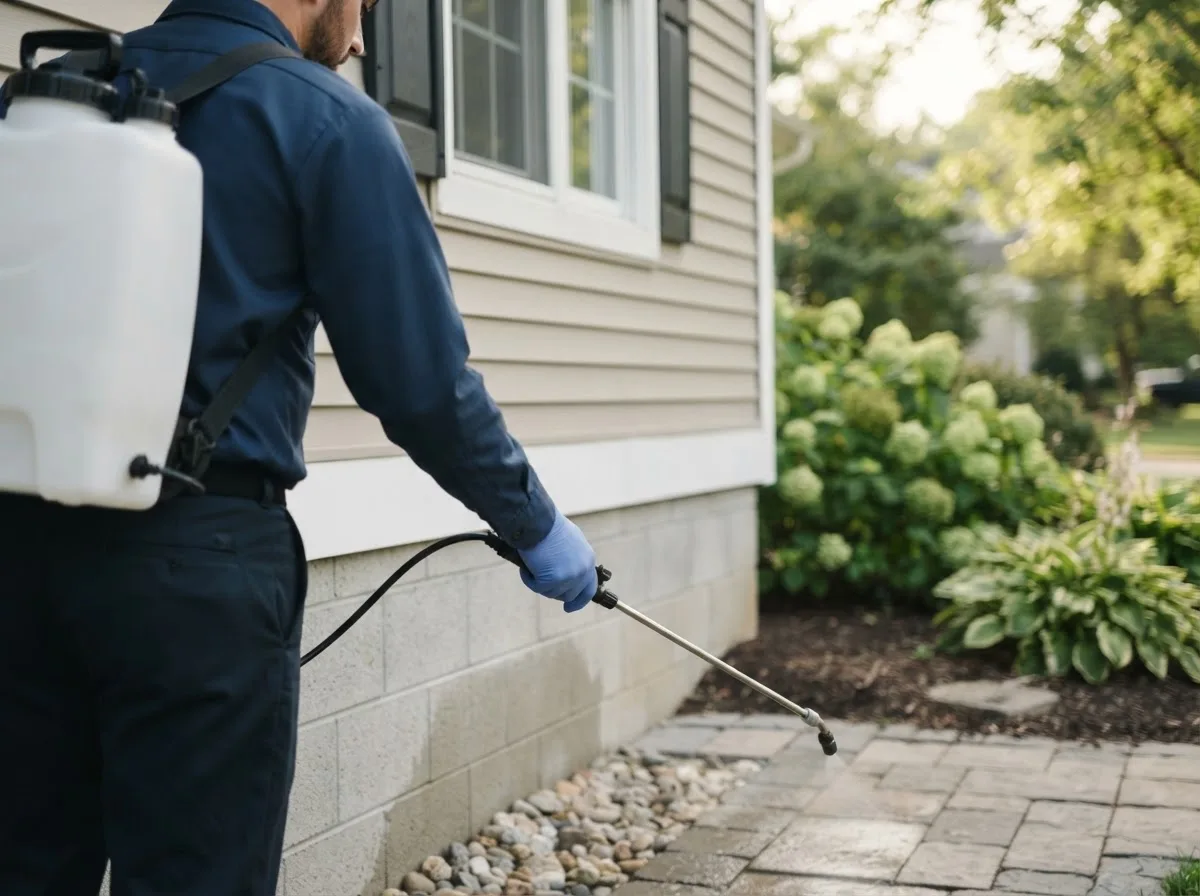 Pest control technician inspecting a home in Mears, MI